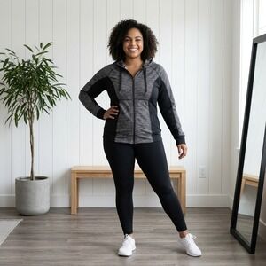 Zella Full Zip Hooded Performance Athletic Jacket Black Gray Colorblock Sporty